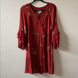 Red Floral Ruffle Sleeve Dress